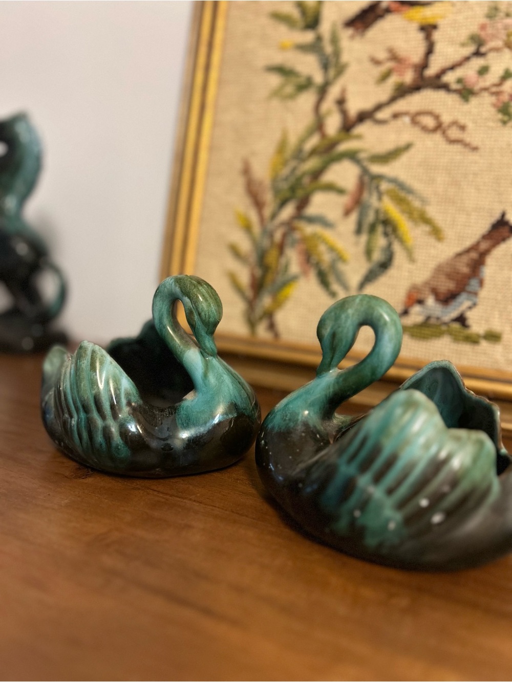 Pair of Blue Mountain Pottery Green Glazed Ceramic Swan Mini Planters